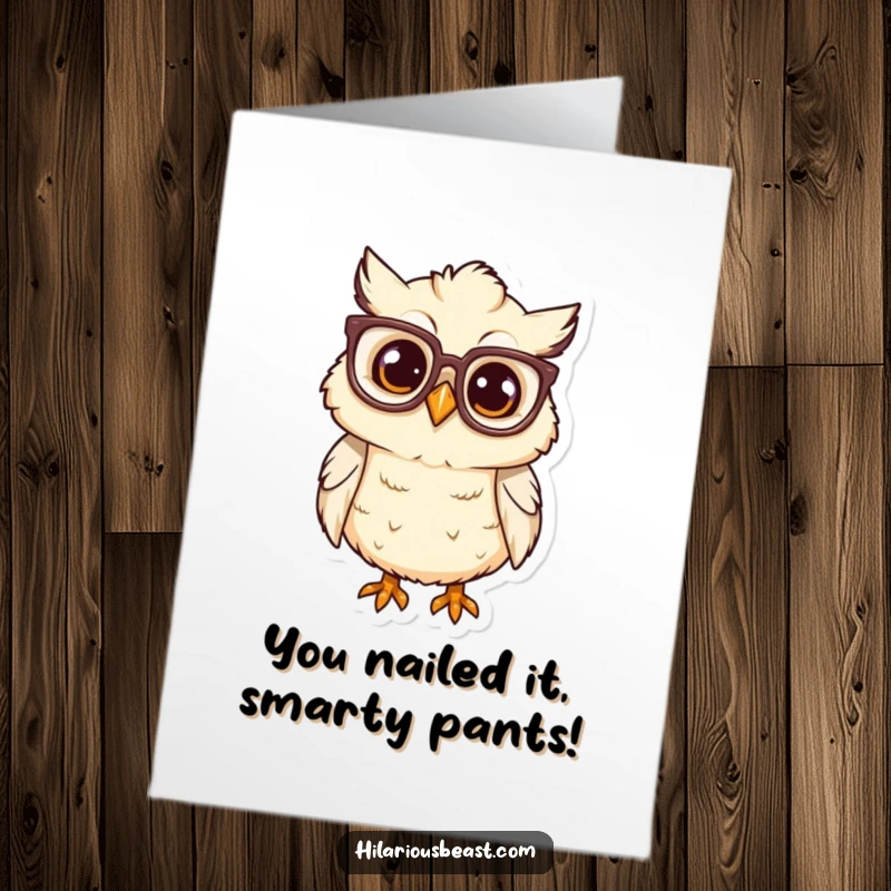 Funny Free Printable Owl Congratulations Card: Curious chick in glasses looks smart, celebrating achievement.