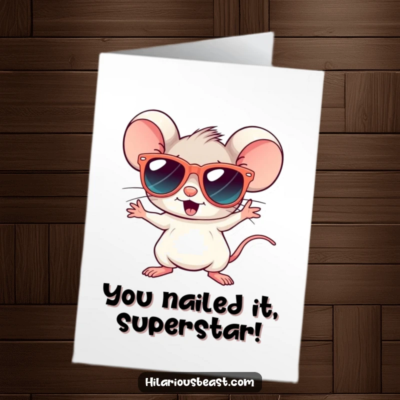 Funny Free Printable Congratulations Card: A tiny mouse in cool sunglasses striking a disco pose to celebrate.