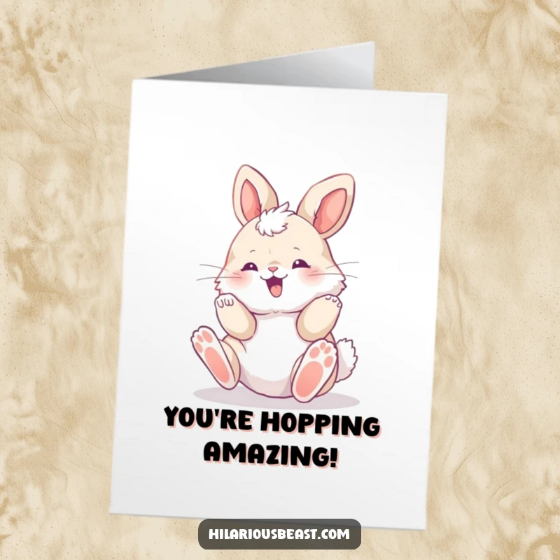 Funny Free Printable Bunny Congratulations Card: Fluffy cub rolling with delight, paws kicking in the air to celebrate.