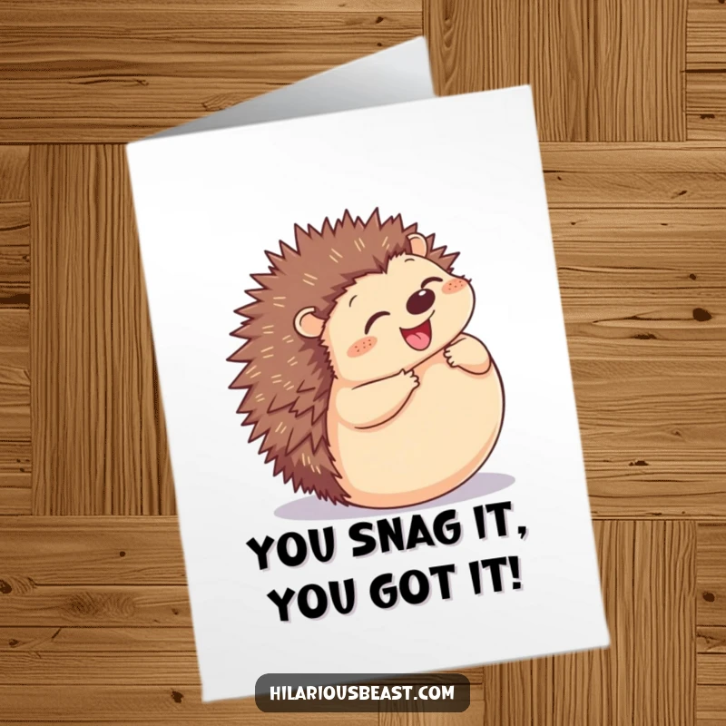 Free Printable Congratulations Card: A plump hedgehog grinning, joyfully rolling into a perfect ball to celebrate success.