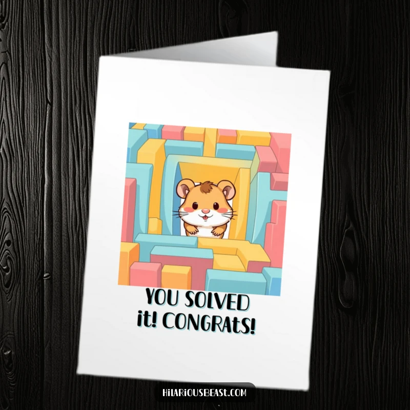 Funny Free Printable Congratulations Card: A curious hamster pops out of a colorful maze, celebrating a clever achievement with humor.