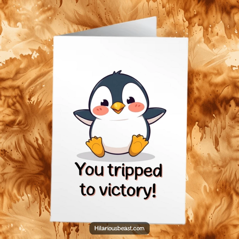 Funny Free Printable Congratulations Card: A penguin stumbles over its feet, looking utterly surprised.