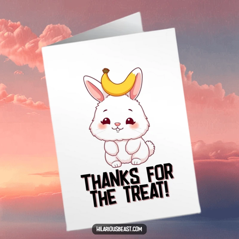 Funny Free Printable thank you card featuring a fluffy bunny wiggling its nose, a small banana peel adorning its head, offering thanks.