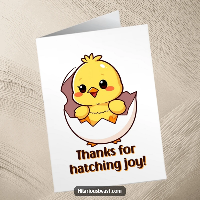 Funny Free Printable thank you card featuring a yellow chick hatching from an egg with a look of happy surprise, a perfect DIY.