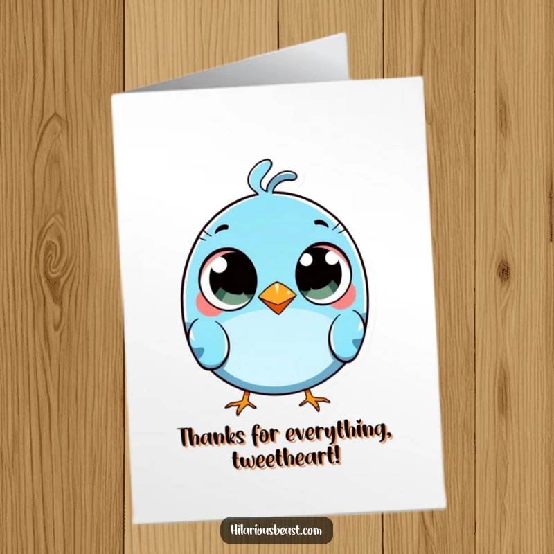 Funny Free Printable Thank You Card of a wide-eyed blue bird tripping, a humorous and charming way to say thanks.