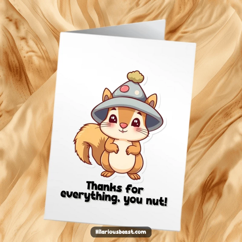 Funny Free Printable Thank You Card of a bewildered squirrel sporting a silly hat, a humorous way to express thanks.