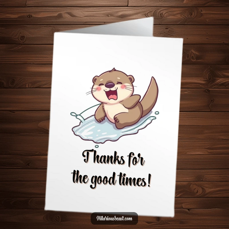Funny Free Printable Otter Thank You Card: A giggling otter on a slippery slide, splashing water, to show thanks.