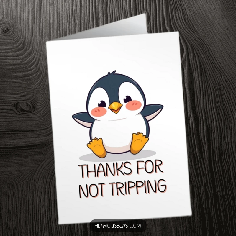 Funny Free Printable Thank You Card: A penguin takes a tumble, its expression one of pure surprise.