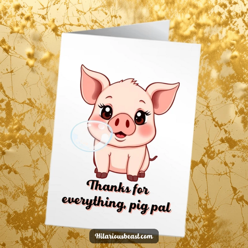 Funny free printable thank you card with a happy piglet blowing a colorful bubble, perfect for expressing gratitude.