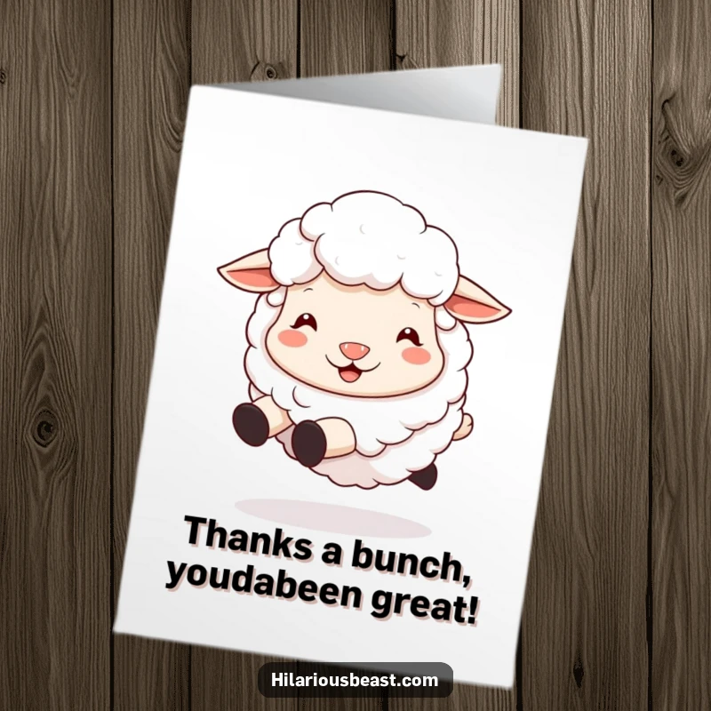 Funny Free Printable sheep thank you card with a silly, grinning sheep bouncing happily, perfect for DIY gratitude.