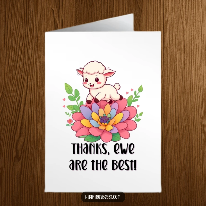 Funny Free Printable Sheep Thank You Card: Cheerful cub leaping over a flower, expressing joyful gratitude.