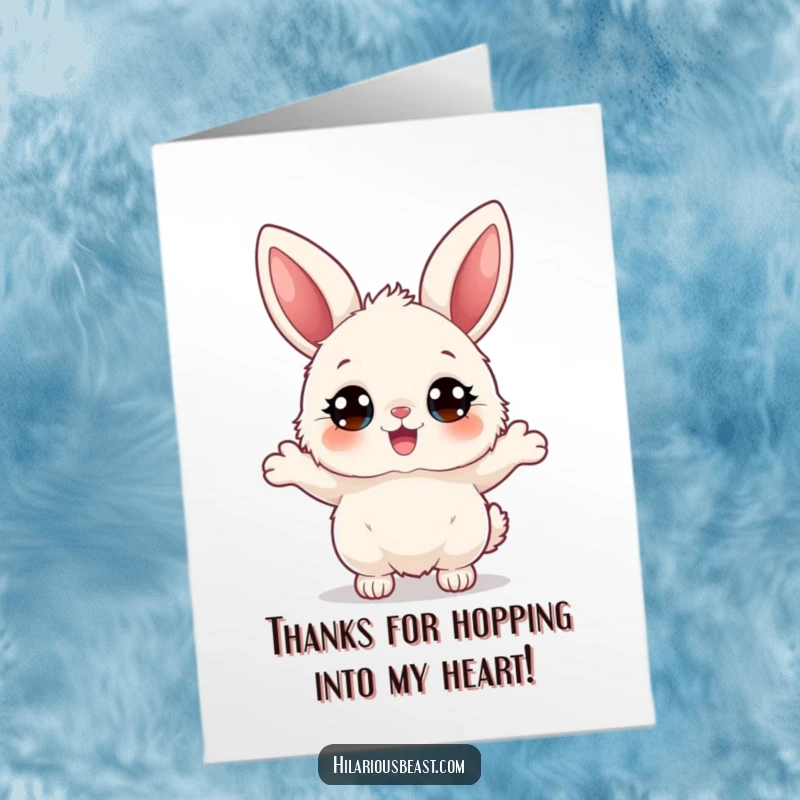 Funny Free Printable Thank You Card: Fluffy bunny character with big eyes, bouncing joyfully to express thanks.