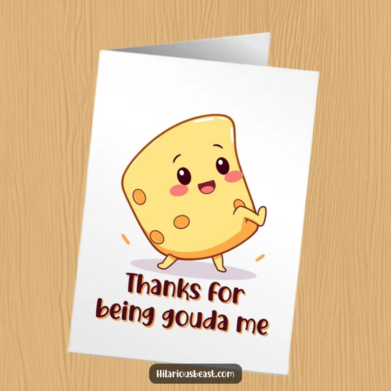 Funny Free Printable Thank You Card with a squeaky cheese wedge character attempting a comical cartwheel as a thank you.