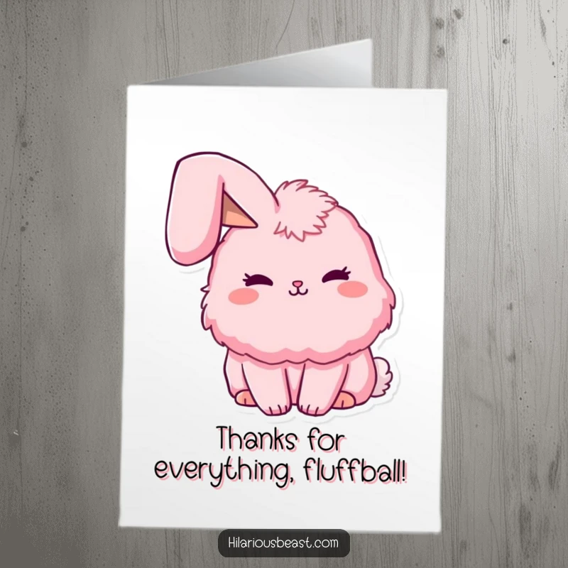 Funny Free Printable Thank You Card with a fluffy pink bunny, one ear flopped, sending sweet gratitude.