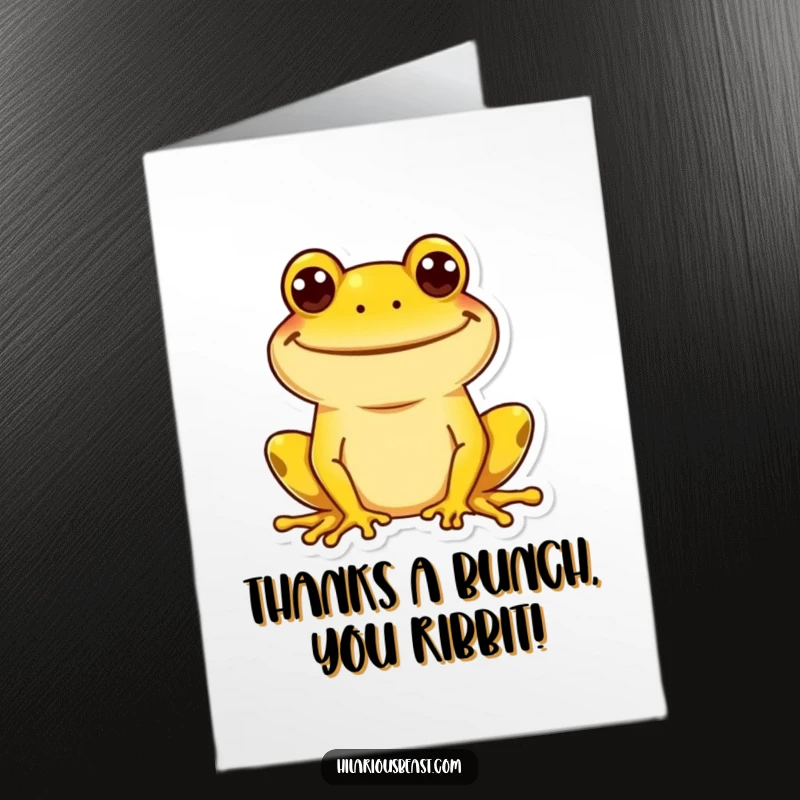Funny Free Printable Thank You Card with a bright yellow frog sporting a massive, goofy grin, expressing thanks.