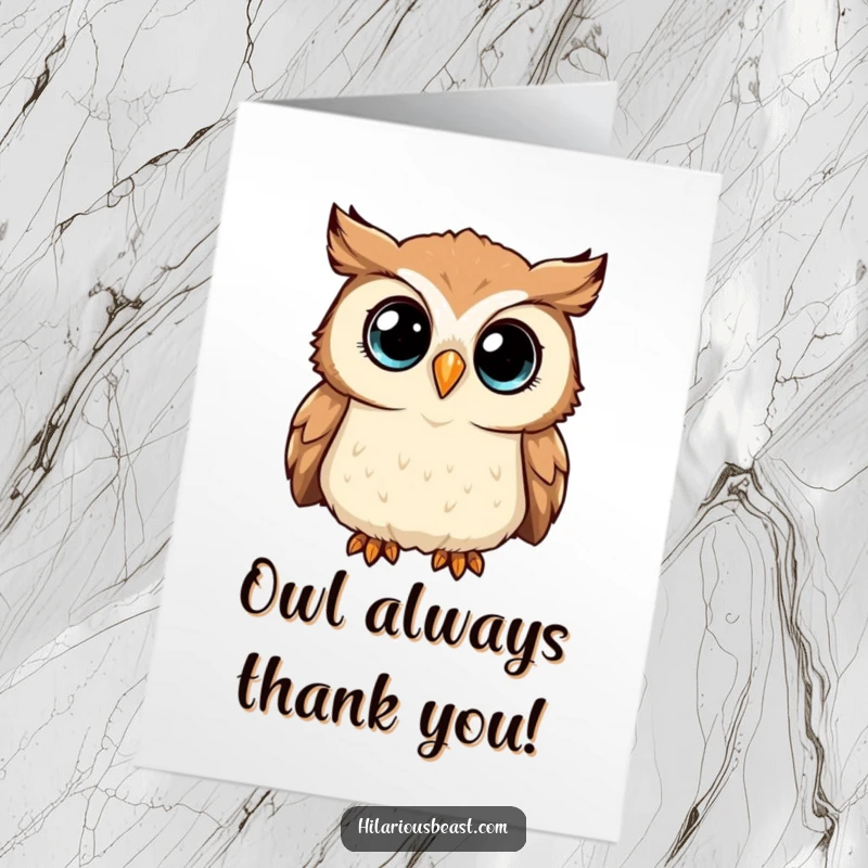 Funny Free Printable Thank You Card: A curious owl tilting its head, eyes sparkling with gratitude.