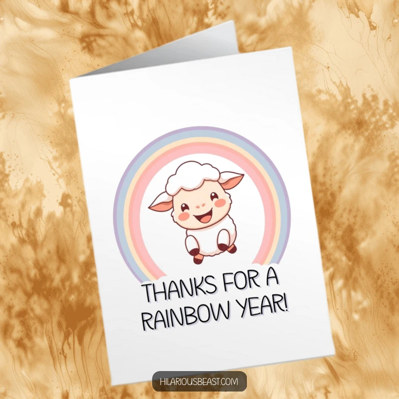 Funny Free Printable Thank You Card: A happy sheep leaps through a rainbow with a wide smile.