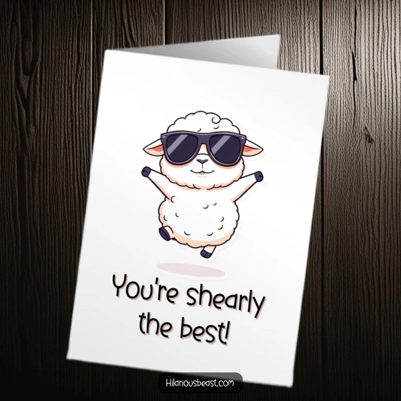 Funny Free Printable Thank You Card featuring a fluffy sheep wearing oversized sunglasses, doing a silly hop to express thanks.