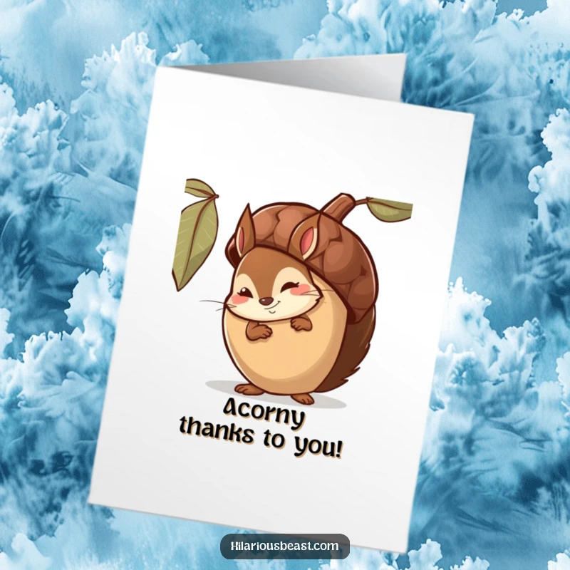 Funny Free Printable Thank You Card: A shy squirrel peeking from behind a giant acorn, smirking with thanks.
