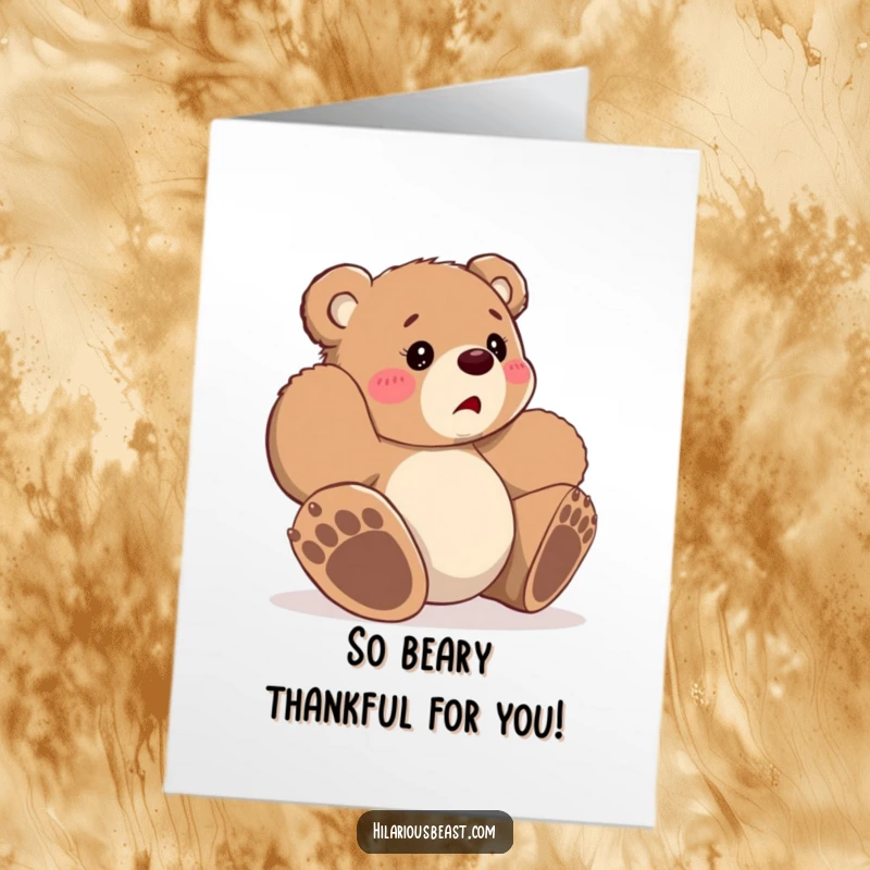 Funny Free Printable Bear Thank You Card: Small cub looking bewildered after tripping over its paws, offering thanks.