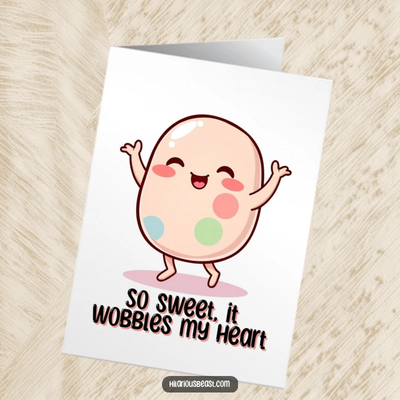 Funny Free Printable Thank You Card with a plump, wobbly jelly bean character doing a silly dance as a thank you.