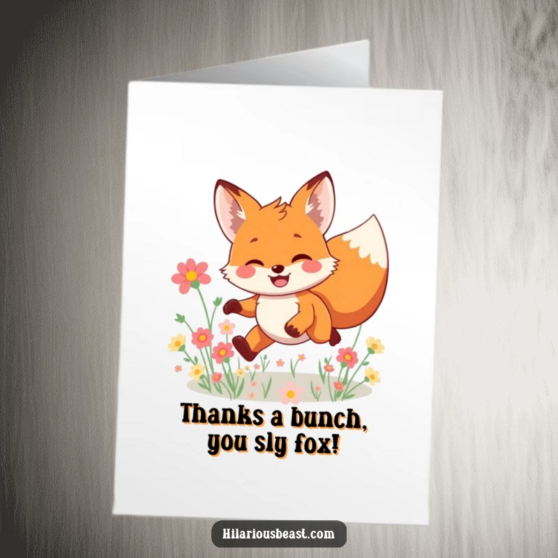 Funny Free Printable Thank You Card: Smiling fox character leaping joyfully through flowers to express thanks.