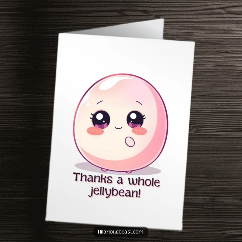 Funny Free Printable Thank You Card: A shy blob with sparkly eyes hides behind a giant, wiggling jellybean, offering thanks with humor.