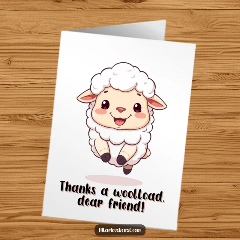 Funny Free Printable Thank You card featuring a fluffy sheep with a silly grin, joyfully bouncing on its hooves.