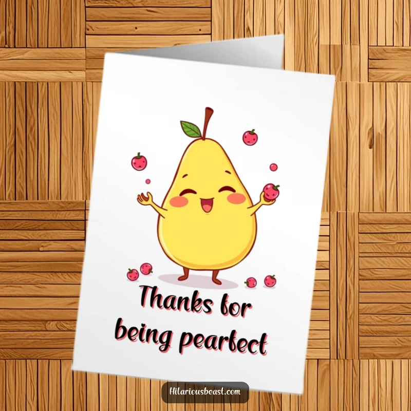 Funny Free Printable Thank You Card featuring a giggling, slightly lopsided pear character juggling berries as a fun thank you.