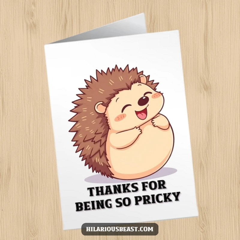 Funny Free Printable Hedgehog Thank You Card: A plump hedgehog with a big grin, joyfully rolling into a ball to say thank you.