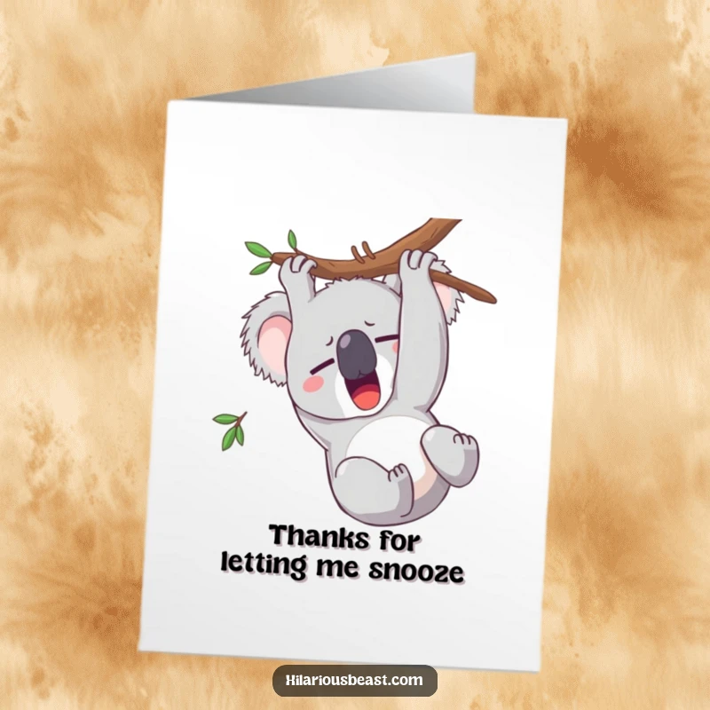 Funny Free Printable Thank You Card featuring a sleepy koala yawning while hanging upside down, a humorous way to show thanks.