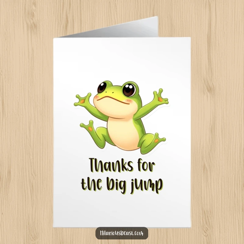 Funny free printable thank you card with a green frog leaping high, looking surprised. A downloadable expression of thanks!