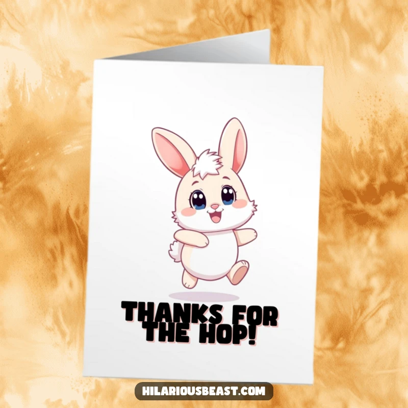 Funny Free Printable Thank You Card: A fluffy bunny with large joyful eyes hops, ears flopping happily.