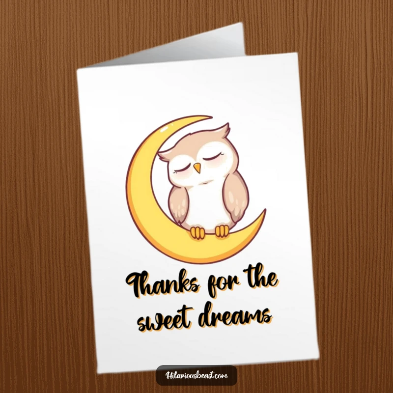 Funny Free Printable Thank You Card: A sweet, sleepy owl dozing on a moon, conveying sincere thanks with a touch of humor.