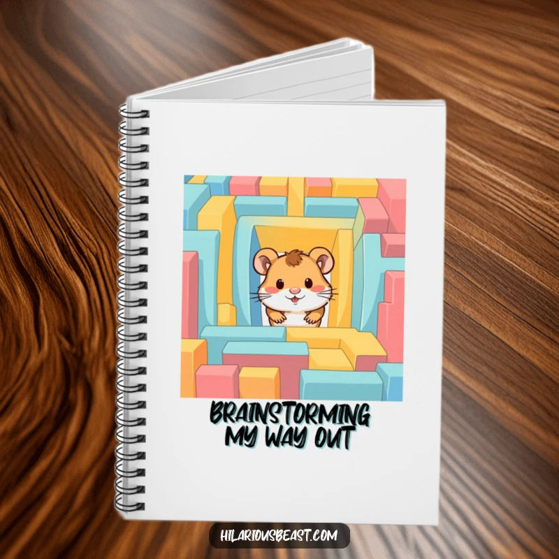 Funny hamster notebook featuring a curious hamster peeking out of a colorful maze, great for notes.