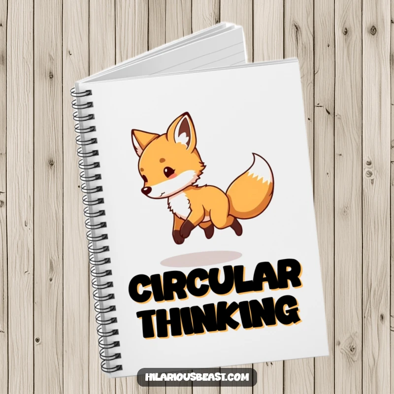 Funny Fox Cub Notebook with a playful fox cub chasing its tail on the cover, perfect for notes.