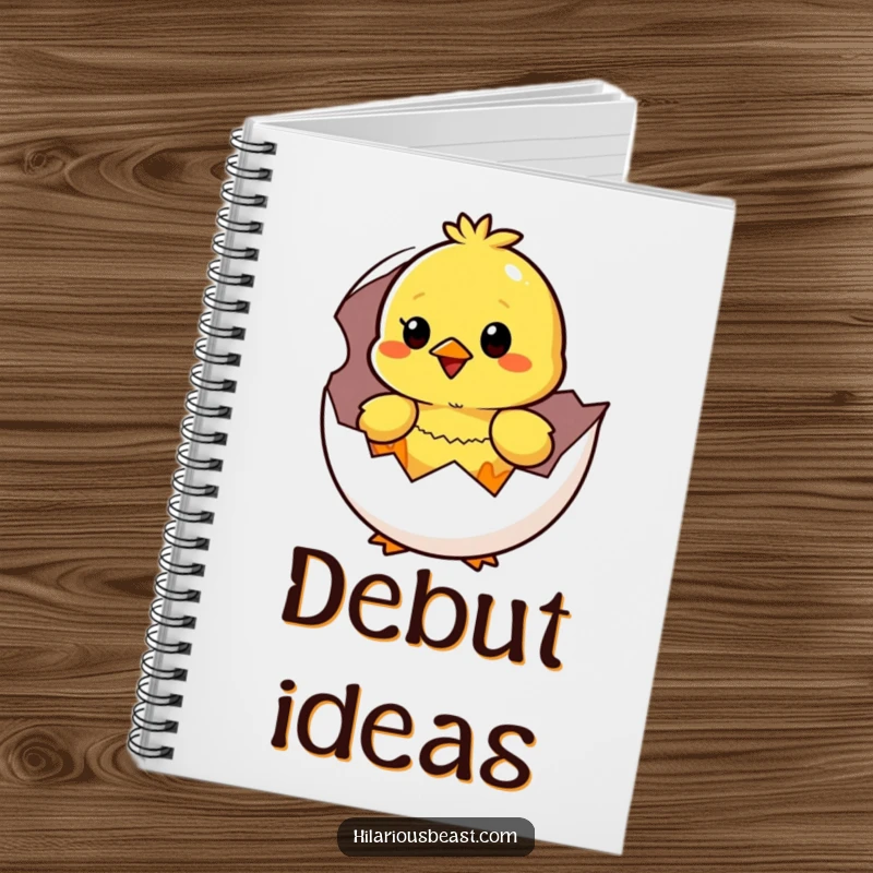 Funny yellow chick hatching, looking surprised and happy, on the cover of this charming and humorous notebook.