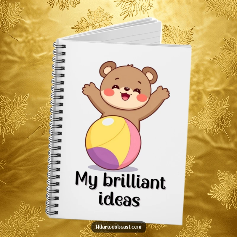 Funny bear cub notebook with a cover showcasing a happy bear cub balancing skillfully on a vibrant ball, encouraging fun notes.