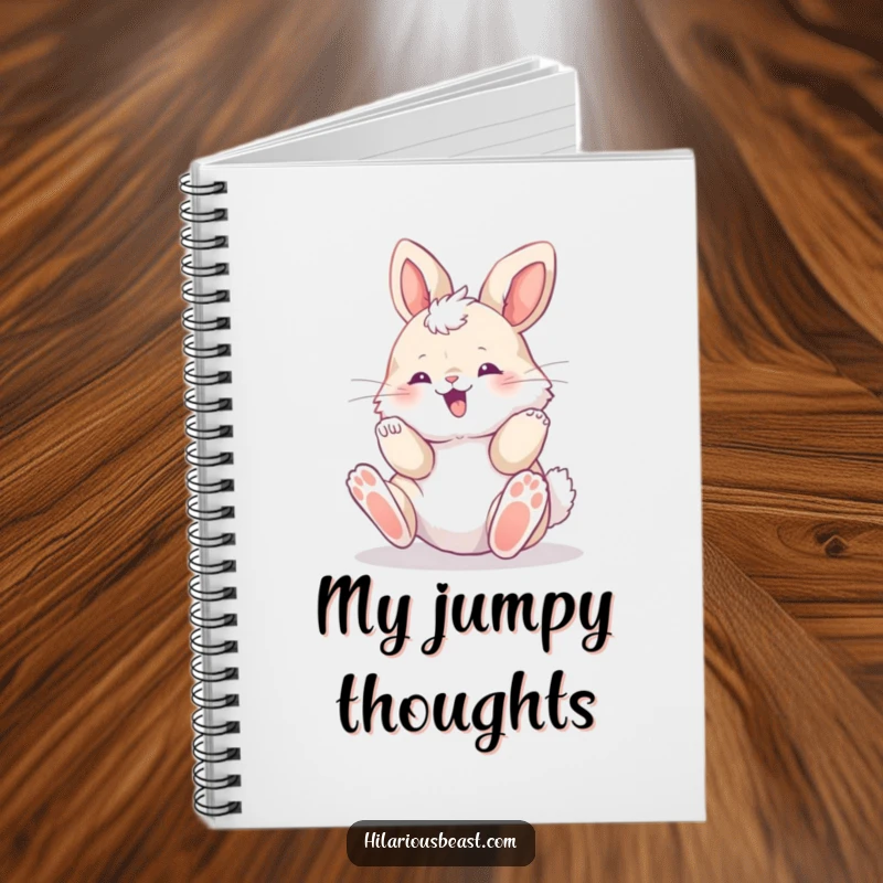 Funny fluffy bunny cub rolling with pure delight, paws in the air, open notebook, inspiring happy thoughts and creative writing.