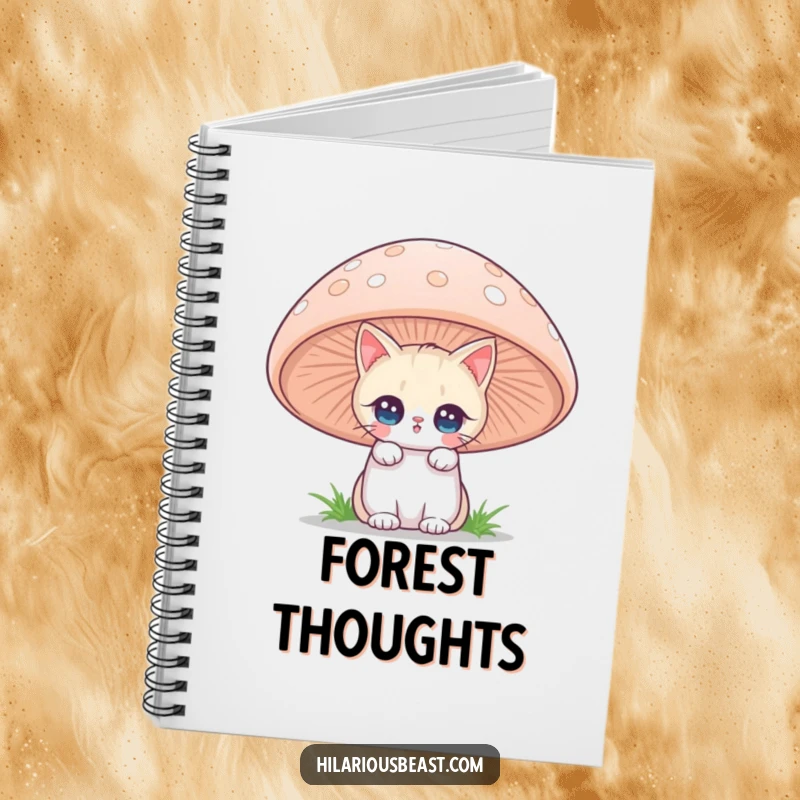 Funny cat peeking from a mushroom on a notebook cover, ideal for writing and adding whimsical humor as a funny gift.