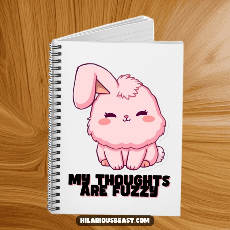 Funny fluffy pink bunny notebook with one ear gently flopped over, perfect for notes, doodles, and sweet ideas. A charming funny companion.