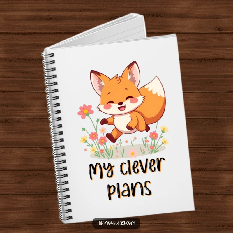 Funny smiling fox notebook, a character leaping joyfully through a field of flowers, ideal for jotting down notes with a touch of playful, humorous charm.