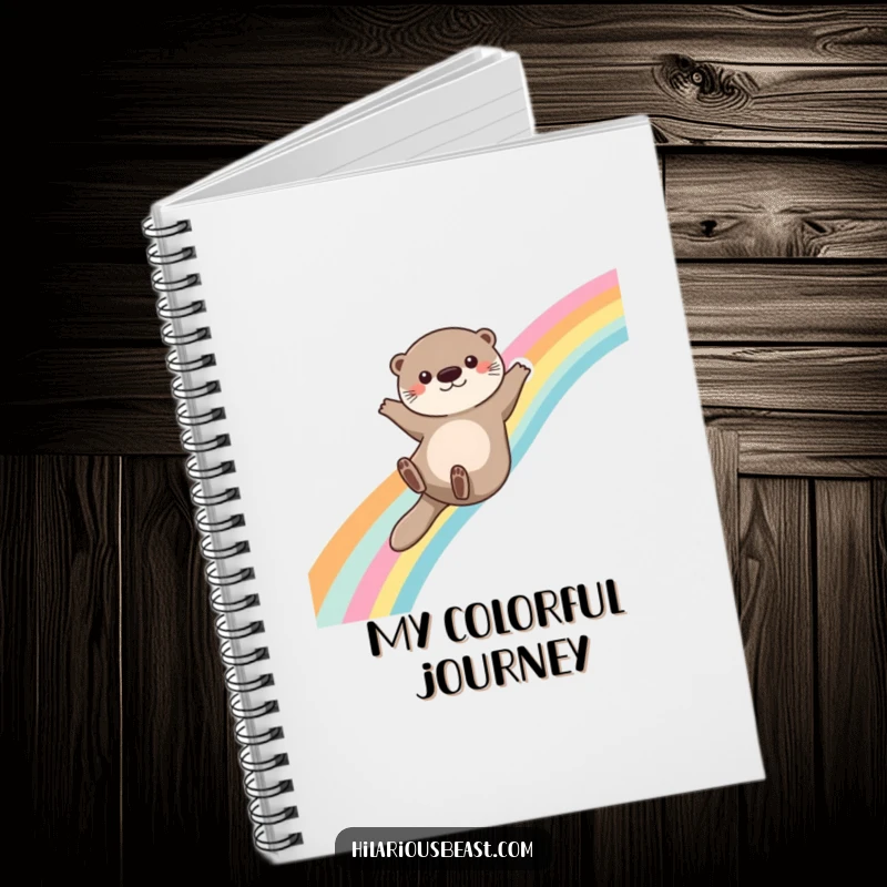 Funny otter notebook with a cover depicting a cute otter sliding down a rainbow with arms outstretched, perfect for jotting down magical ideas.