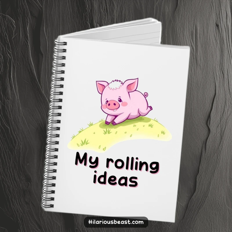 Funny purple piglet notebook, a happy piglet rolling down a grassy hill, ready for your notes and creative ideas.