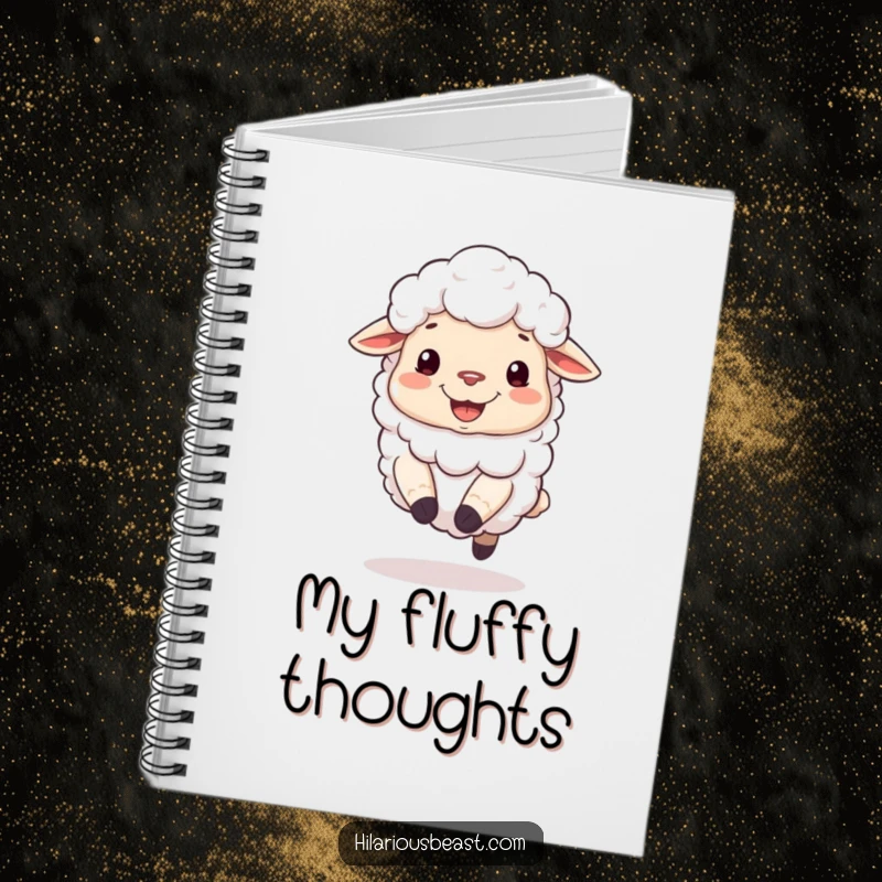 Funny notebook with a fluffy sheep with a silly grin, bouncing on its hooves.