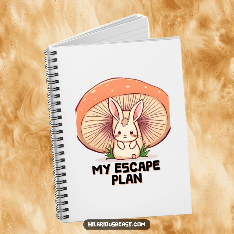 Funny notebook with a startled rabbit peeking from behind a wobbly mushroom, perfect for jotting down humorous thoughts and ideas.