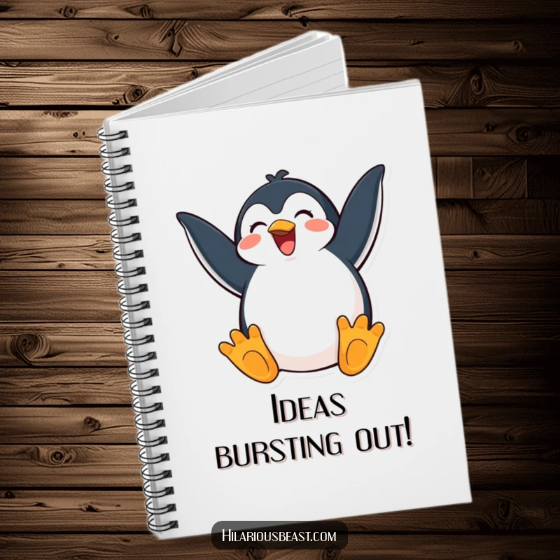 Funny notebook with a happy penguin flapping its wings with exaggerated excitement, perfect for noting down joyful ideas.