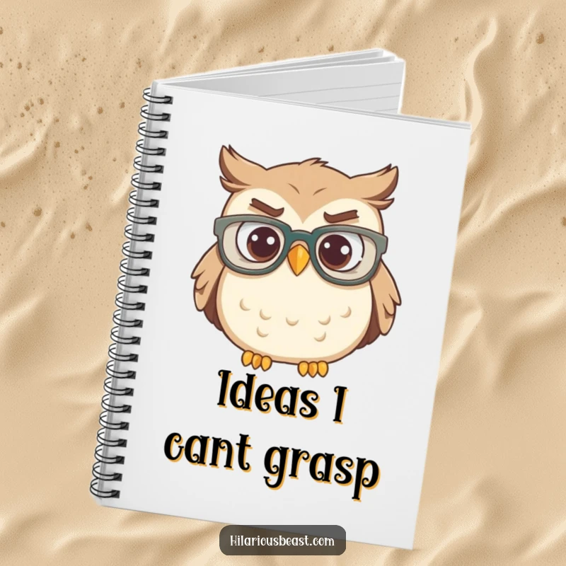 Funny owl with oversized glasses, head tilted in confusion, a humorous notebook for writing.