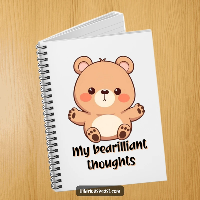 Funny round bear notebook, a character with tiny paws waving enthusiastically, ideal for jotting down notes with a touch of friendly, humorous charm.