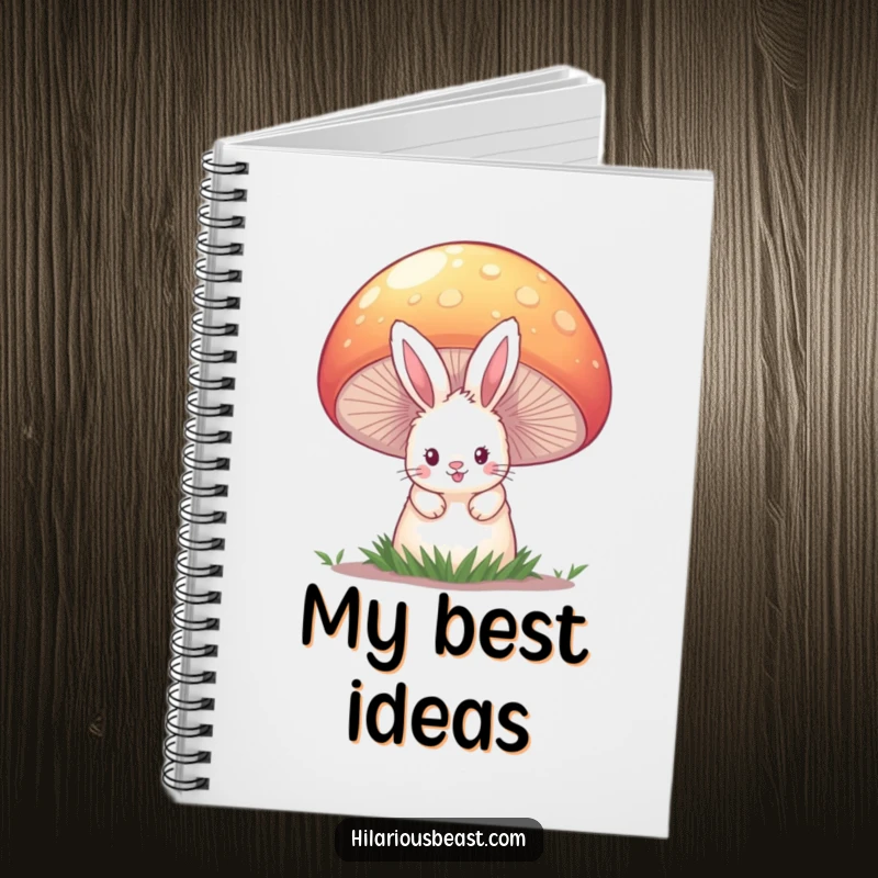 Funny notebook cover with a fluffy bunny peeking from behind a huge, vibrant mushroom, perfect for capturing whimsical ideas and notes.
